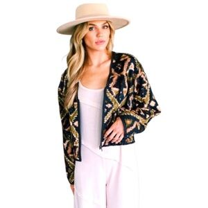 Free People Peggy Ikat Black and Gold Quilted Bomber Jacket
